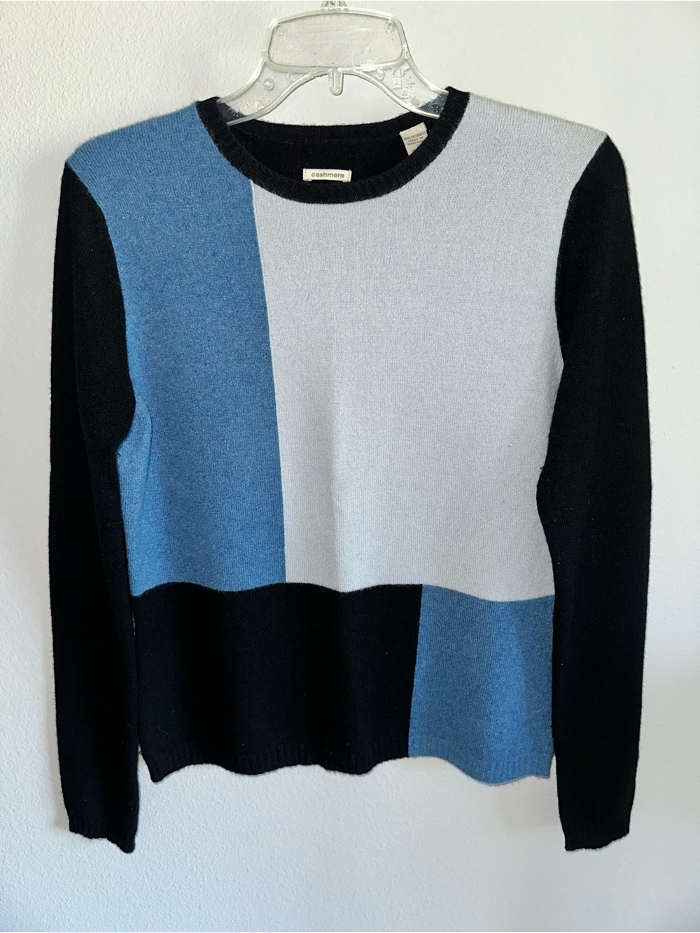 Valerie Stevens Colorblock Crewneck Sweater - Black & Blue 100% Cashmere size S